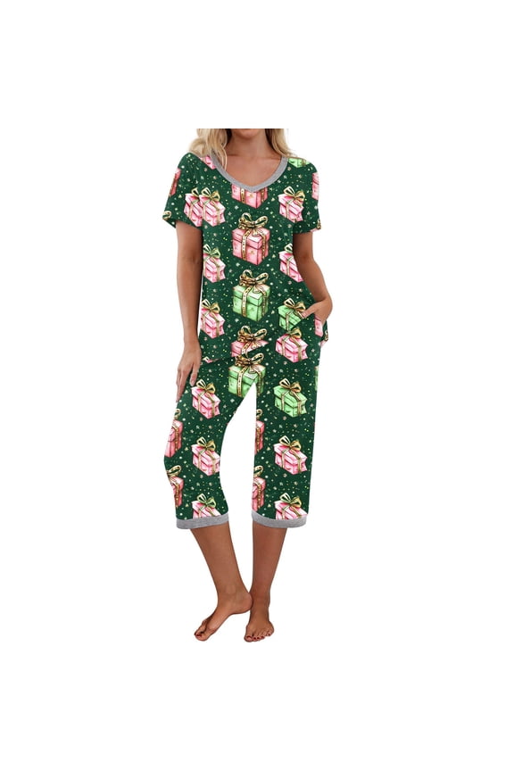 Green Workout Outfits for Women Plus Capri Christmas Nightwear Short Sleeve Cropped Back to School Pajamas,XXL