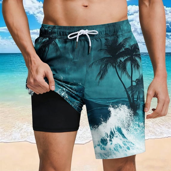Aobny Hawaiian Shorts with Liner Board Pants Slim Casual Pants for Men,M