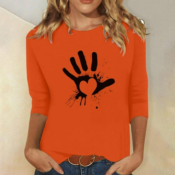 Aobny Heart Hiking Shirts Women Plus Size Orange Tops Crew Neck Pullover 3/4 Sleeve Oversized T Shirts for Women,XL