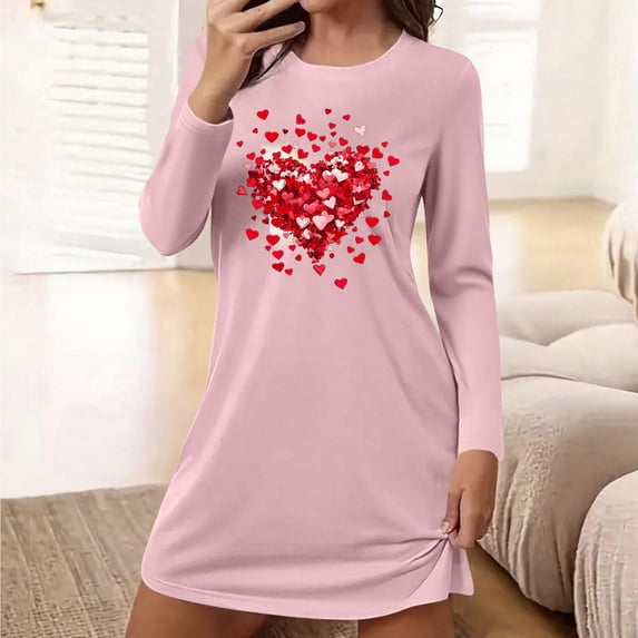 Aobny Heart Moomoo Nightgowns for Women Valentine's Short Night Gown Long Sleeve Pink Loungewear for Women,M