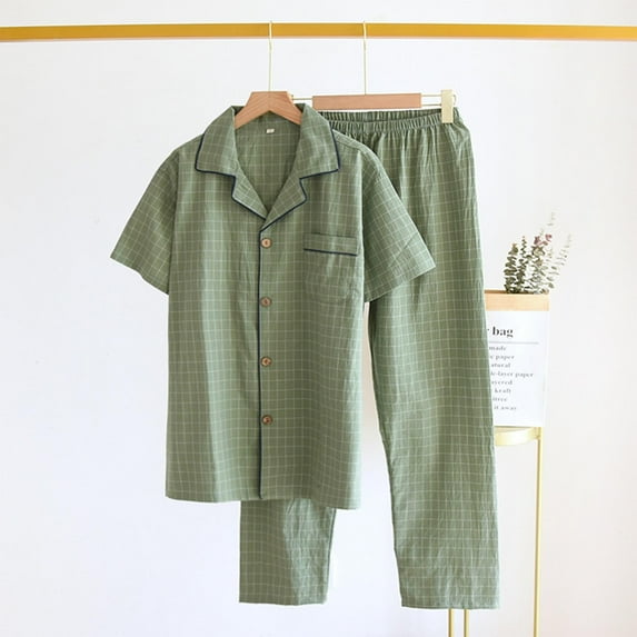 Aobny Home Men's Pajamas Button Up Cotton Green Sleepwear Sets Collared Plaid Short Sleeve Long Adults Pjs Trendy