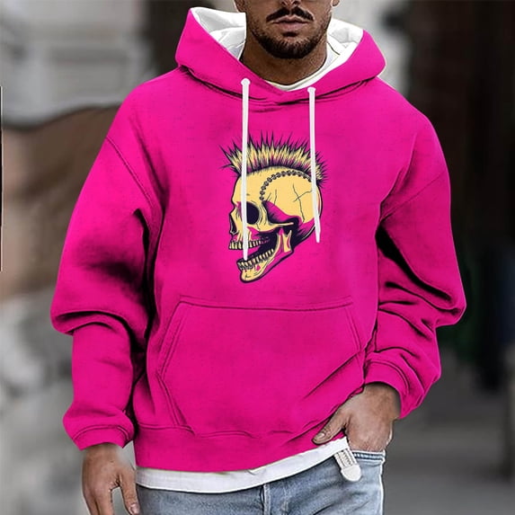 Aobny Hooded Plus Size Hoodie Pink Oversized Skull Streetwear Big & Tall Running Shirts for Men,XXXXL