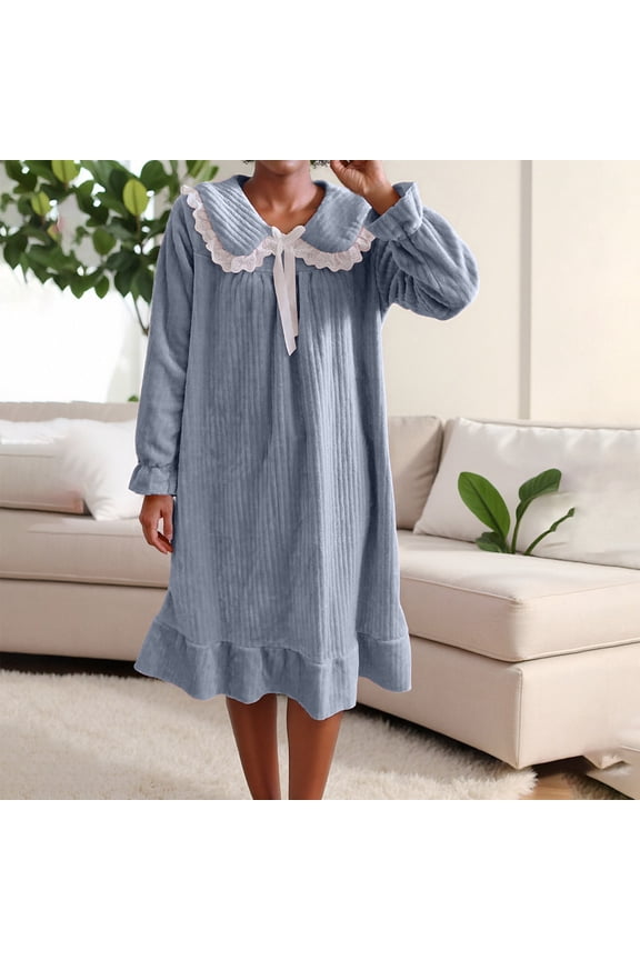 House Dress Moomoo Women Flannel Long Sleep Shirt Navy Blue Collared Long Sleeve Women Pajamas,M