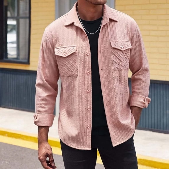 Aobny Jacquard Men Shirt Solid Button Down T Shirts Polos Collared Long Sleeve Tee Shirts Mens,Pink,L