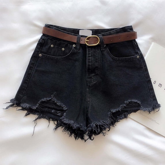 Aobny Jean Women's Shorts Hotpants Ripped Bottom Baggy High Waisted Casual Plus Size Shorts,Black,L