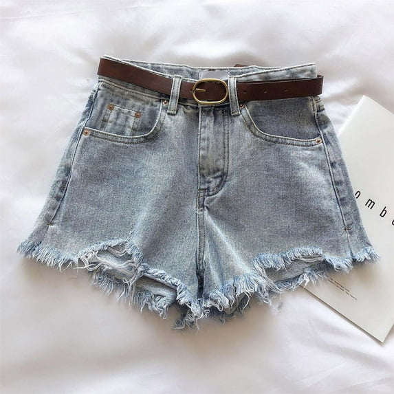 Aobny Jean Women's Shorts Hotpants Ripped Bottom Baggy High Waisted Casual Plus Size Shorts,Light Blue,L