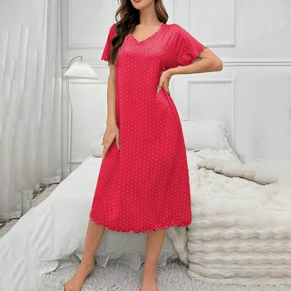 Aobny Lace Chemise Nightgowns for Women Polka-Dot Pink Night Gowns Long Short Sleeve Matching Pajamas for Family,L