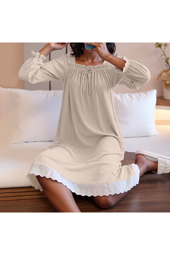 Lace Ladies Nightgowns Moomoo Women Long Nightshirt Long Sleeve Beige Womens Night Shirts for Sleeping,L