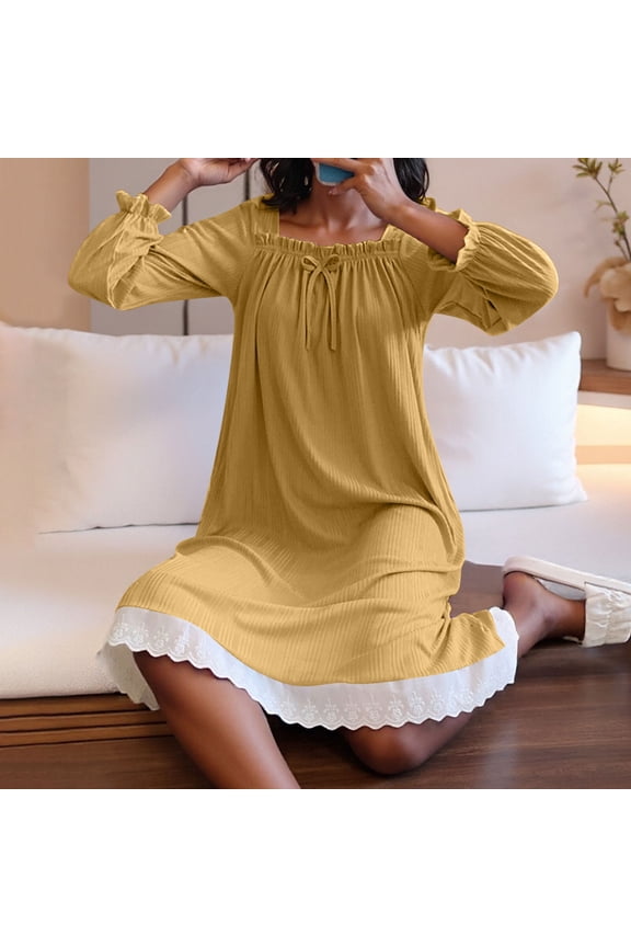 Lace Night Gown Moomoo Women Long Night Gowns Long Sleeve Yellow Sweetheart Womens Nightgowns,M