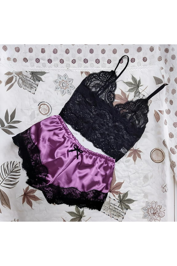 Lace Sleep Pajamas for Women's Lounge Purple Sleepwear Sets Slim-Leg Satin Sleeveless Pjs for Junior