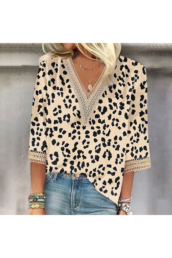 Lace Trim Work Blouses for Women Leopard Tops 3/4 Sleeve V-Neck Pullover Khaki Sexy Tops for Women Going Out,XL