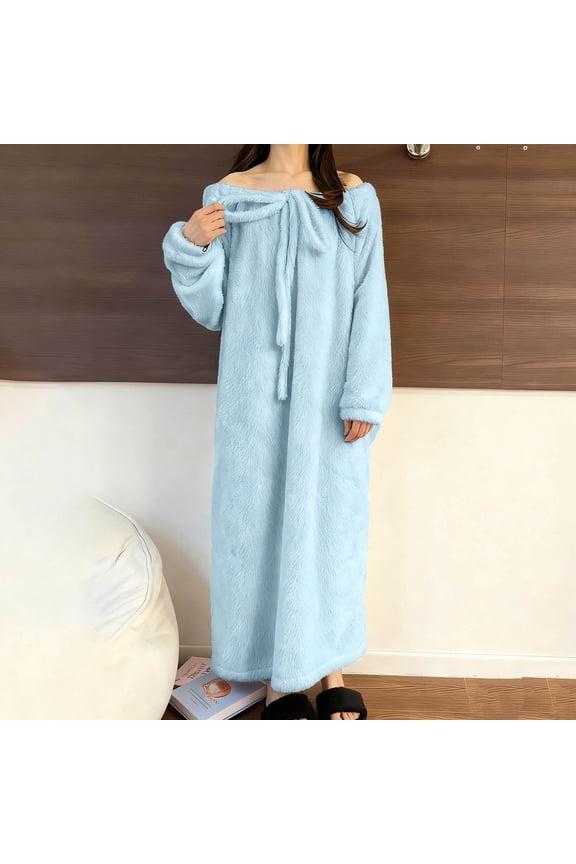 Ladies Nightgowns Bow Women Flannel Long Night Gowns Boat Neck Blue Christmas Vacation Pajamas,Free Size