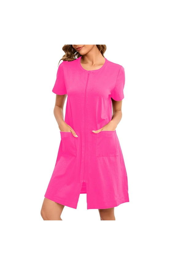 Ladies Nightgowns Women with Pocket Zip-Up Short Loungewear Short Sleeve Pink Matching Pajamas Christmas,S