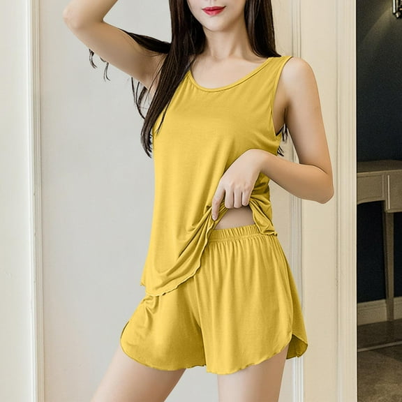 Aobny Ladies Pajamas Plain Women Thin Gold Cami Set Wide-Leg Short Crew Neck Sleeveless Womens Loungewear,M