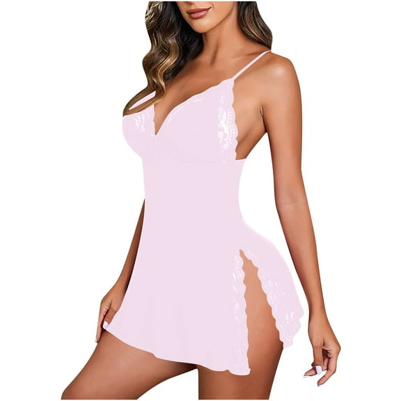 Aobny Ladies Pajamas Sets Side-Split Lace Pink Women Pajamas Short Halter Sleeveless Nightgowns for Women,M