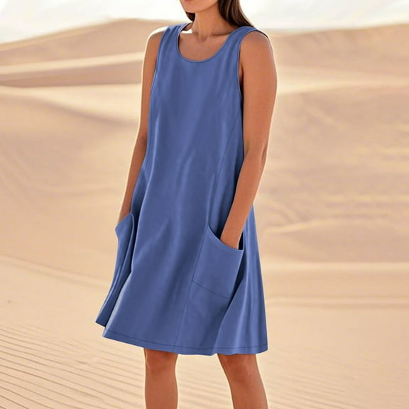 Aobny Ladies Summer Dresses Cotton Linen Blue Shift Sleeveless Crew Neck Mini Dresses for Women