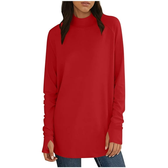 Aobny Ladies Tops and Blouses Tunic Thumb Hole Womens Blouse Pullover Long Sleeve Red High Neck Party Tops for Women,XXL