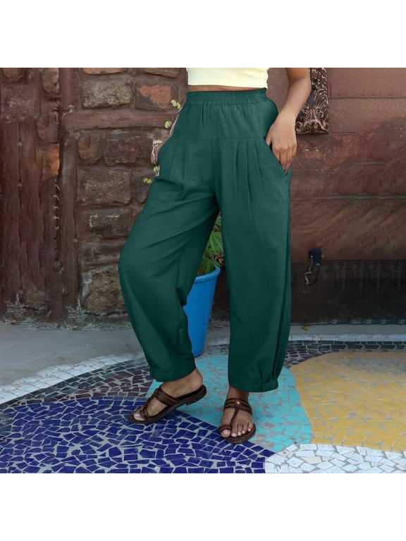 Lightweight Work Pants Women Harem Green Barrel Pants Loose Ankle High Waisted Palazzo Women's Pants,M