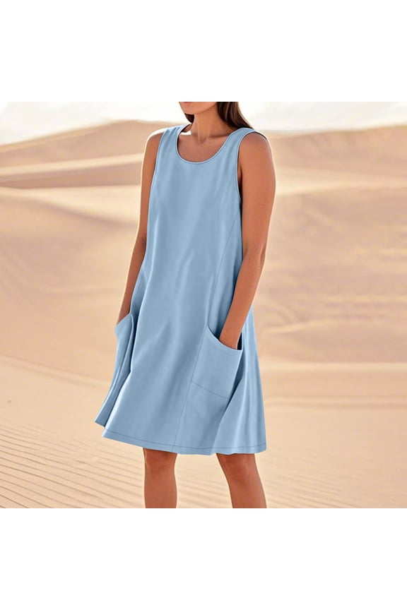 Linen Ladies Summer Dresses Cotton Blue Shift Crew Neck Sleeveless Mini Spring Casual Dresses for Women 2025