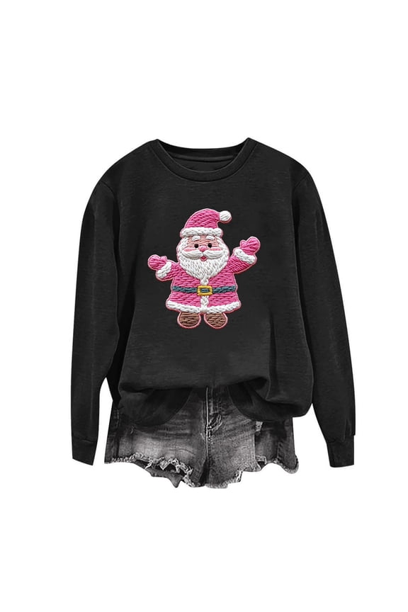 Long Sleeve Plus Size Shirts Black Sweatshirt Christmas Tops Crew Neck Pullover Women Santa Work Shirts for Women Business Casual,L