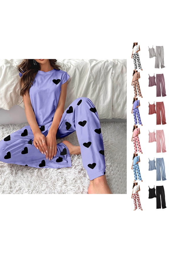 Loose Fashion Pajamas for Woman Yellow Women Crew Neck Sleeveless Long Straight-Leg Heart Sets for Adult Cute