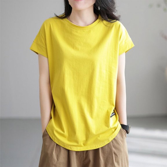 Aobny Loose Women T-Shirt Yellow Cap Sleeve T-Shirt Crew Neck Short Sleeve Tops for Women 2025,XXL
