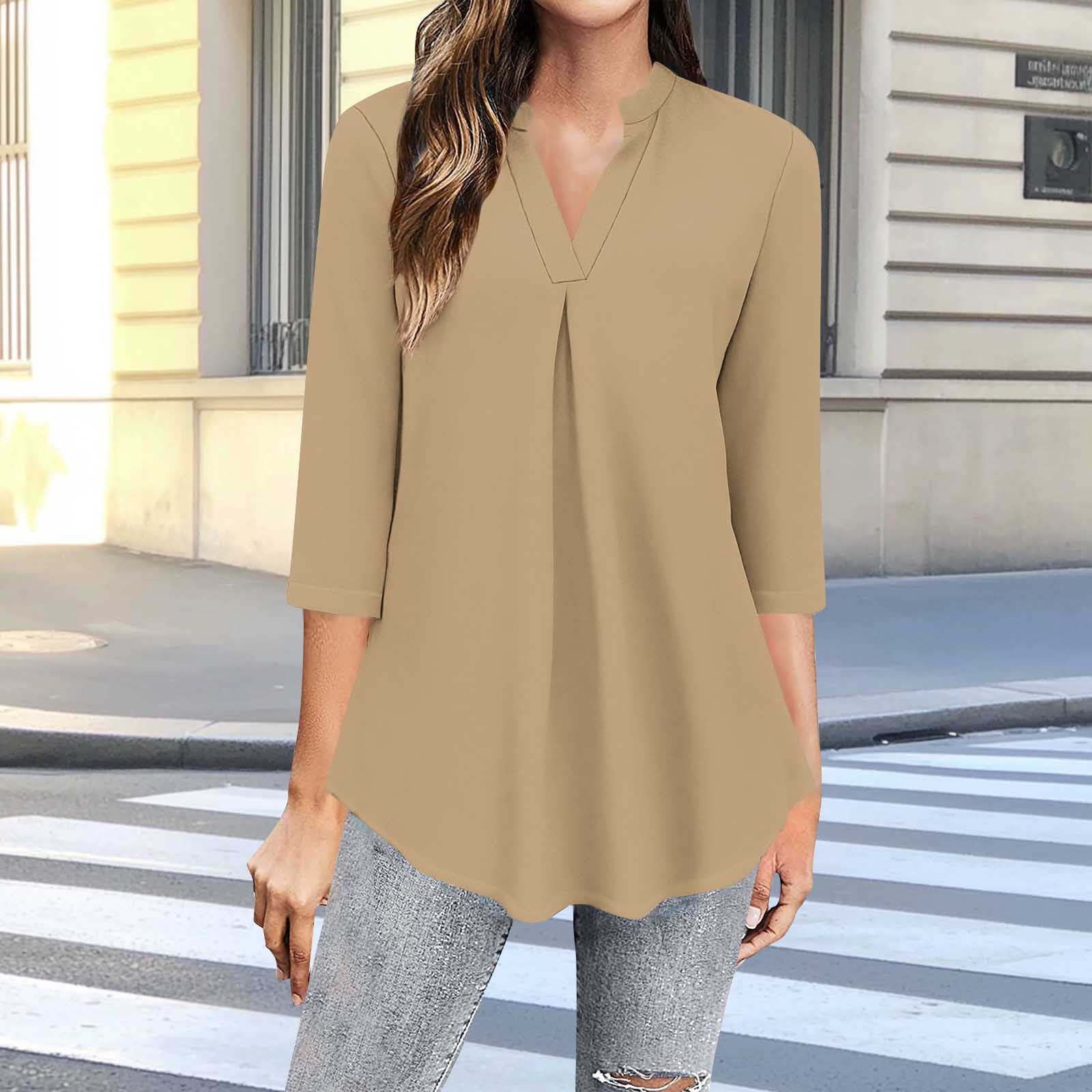 Aobny Loose Women T Shirts Tunic Khaki Tops 3/4 Sleeve V Neck Women Aobny Loose Women T Shirts Tunic Khaki Tops 3/4 Sleeve V Neck Women