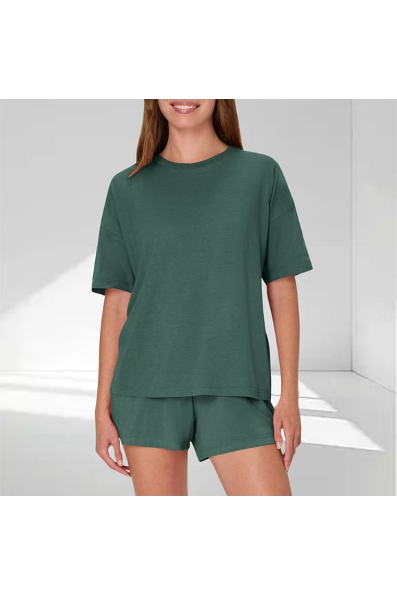 Lounge Sleep Women's Pajamas Green 2 Piece Sleepwear Sets Crew Neck Cooling Wide-Leg Pjs for Adult