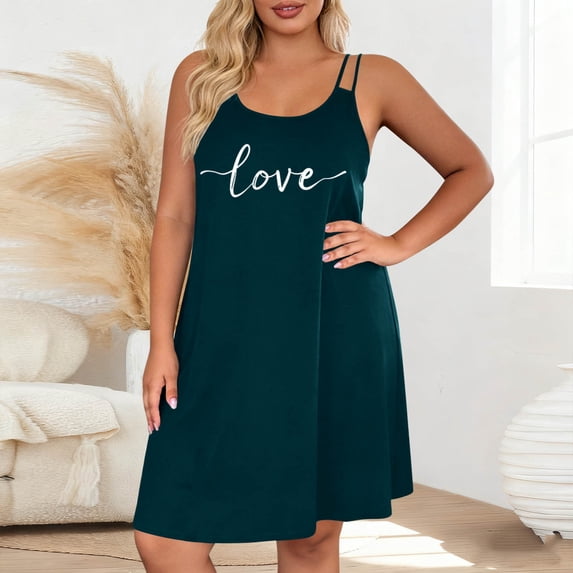 Aobny Love Heart Womens Nightgowns Sleeveless Valentine's Day Nightshirts Knee Length Blue Ladies Nightgowns,L