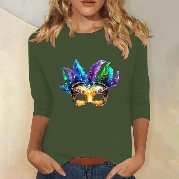 Aobny Mardi Gras Fall Blouse Carnival Womens Shirts Crew Neck Green 3/4 Sleeve Cute Going Out Tops for Women,XXL
