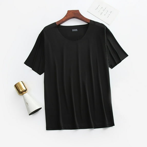 Aobny Men Pajama Pants Black Plus Size Silk Sleep Tops Short Sleeve Crew Neck Pajamas,XXL