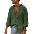 thumbnail image 1 of Aobny Men Shirts Plain Button Down Cotton Linen Clothing Collared Polos Long Sleeve Big & Tall Summer Shirts,Green,L, 1 of 5