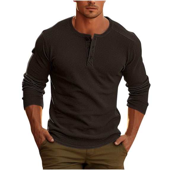 Aobny Men Shirts Plain Loose Fit Button Up T Shirts Henley Big & Tall Long Sleeve T Shirts for Men,Brown,XXL