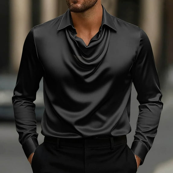 Aobny Men's Athletic Shirts & Tees Long Sleeve Collared Party Black T-Shirts Plain Pullover Polos Satin Teacher Shirt,M