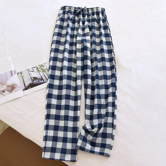 Aobny Men's Pajama Sets Cotton Plaid Blue Sleep Pants Straight-Leg Long Pajama Set,XL