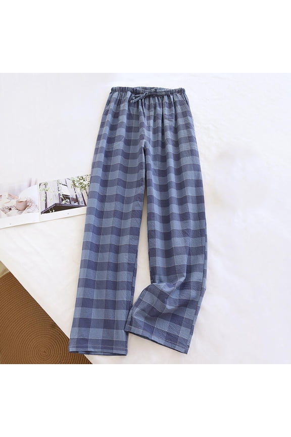 Men's Pajama Sets Plaid Blue Cotton Sleep Pants Long Straight-Leg Men's Pajama Pants,XL