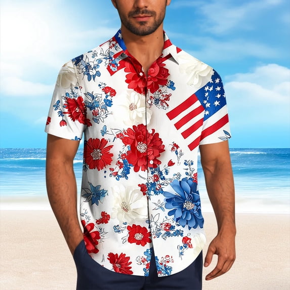 Aobny Men's Shirts Patriotic Fourth of July American Flag Polos Big & Tall Short Sleeve Collared Work Shirts,Red,4XL