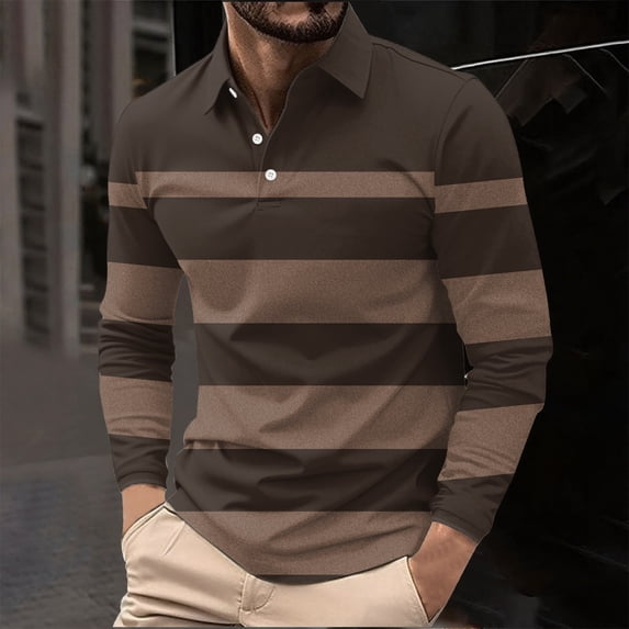Aobny Men's T Shirts Striped Button Clothing Long Sleeve Big & Tall Collared Polos Work Shirt,Brown,XXL
