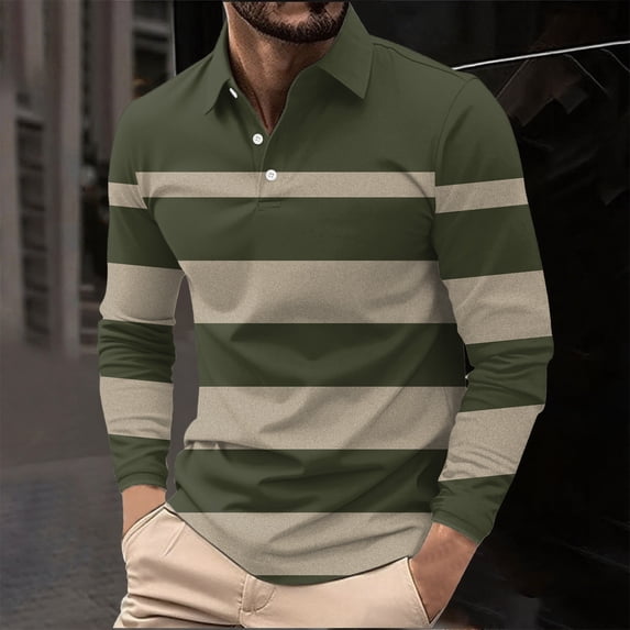 Aobny Men's T Shirts Striped Button Clothing Long Sleeve Big & Tall Collared Polos Work Shirt,Green,L