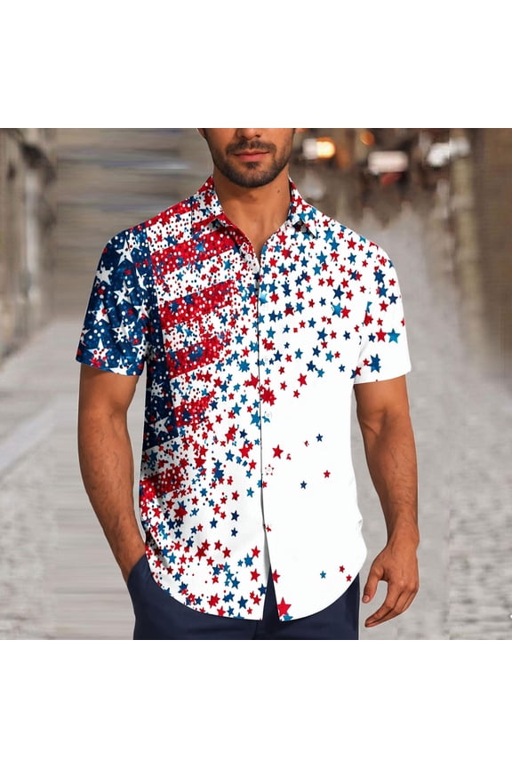 Mens Shirt Patriotic Fourth of July Polos Short Sleeve Collared Big & Tall Oversized Tshirts for Men,White,L