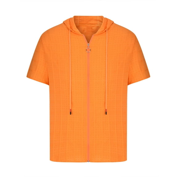 Aobny Mens Shirt Zip Plaid Cotton T Shirts Hooded Big & Tall Short Sleeve T-Shirts for Man,Orange,L
