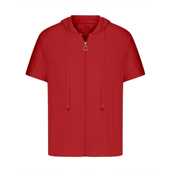 Aobny Mens Shirt Zip Plaid Cotton T Shirts Hooded Big & Tall Short Sleeve T-Shirts for Man,Red,XXL