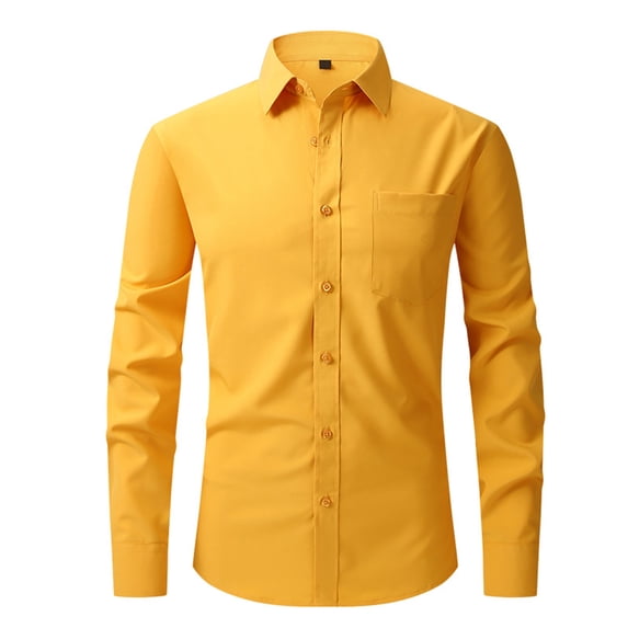 Aobny Mens Shirts Button Down Pocket Solid Shirt Collared Polos Long Sleeve Work Shirts,Yellow,XL