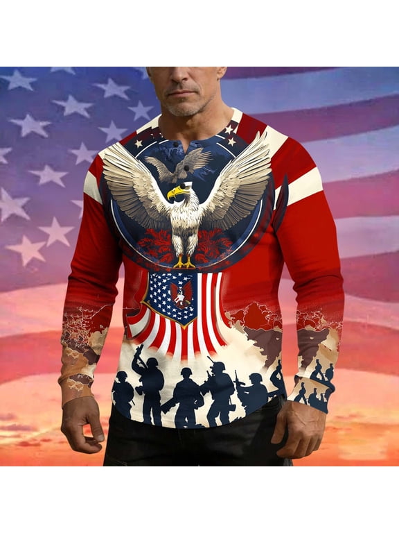 Mens T Shirts Patriotic Fourth of July American Flag T Shirt Henley Big & Tall Long Sleeve Oversized Tee,S