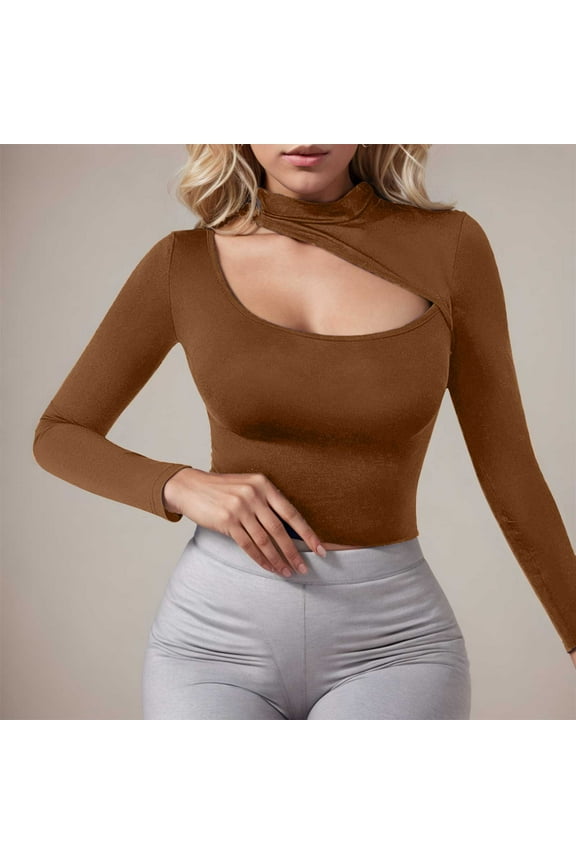 Mock Neck Fall Tops for Women Asymmetrical Long Sleeve Brown Cutout Shirts Womens Clothes,XS