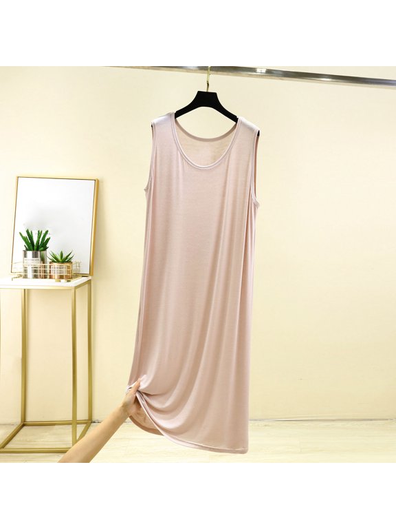 Modal Nightgowns Women Cotton Nightgowns Sleeveless Beige Short Crew Neck Sleep Tanks Women Pajama Set,Free Size
