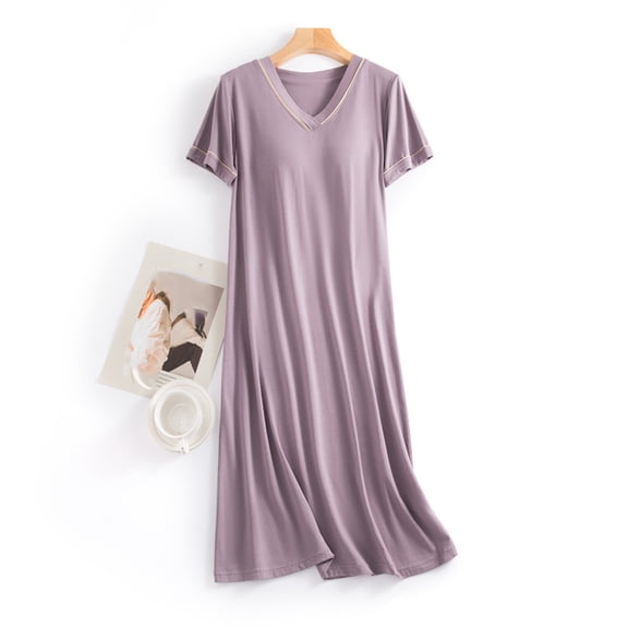 Aobny Modal Sleep Dress Women Moomoo Long Nightshirt Purple V-Neck Short Sleeve Couple Pajamas Matching Sets,L