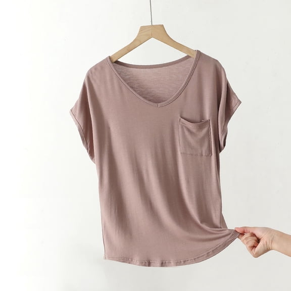 Aobny Modal Vacation Tops for Women with Pocket Yellow T-Shirt V-Neck Short Sleeve Fitted Tshirts Shirts for Women