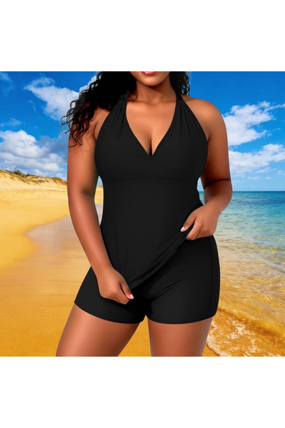 Modest Womens Bathing Suits Over 50 Plus Size Swim Suits Halter Tankinis Boy Shorts Halter Black Bikini,XXXL