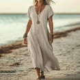 thumbnail image 1 of Aobny Modest Womens Spring Dresses Yellow Flowy T-Shirt Short Sleeve V-Neck Midi Cute Dresses, 1 of 6